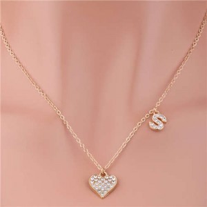 Alphabet S Decorated Rhinestone Peach Heart Pendant Wholesale Fashion Jewelry Alloy Necklace