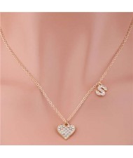 Alphabet S Decorated Rhinestone Peach Heart Pendant Wholesale Fashion Jewelry Alloy Necklace