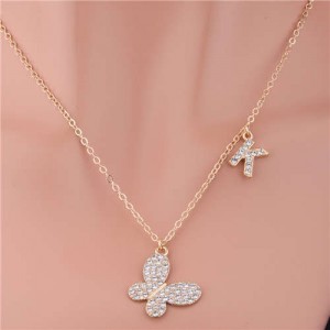 Wholesale Fashion Jewelry Bling Rhinestone Butterfly Pendant Women Alloy Necklace