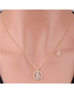 Fashion Design US Dollar Symbol Rhinestone Pendant Women Wholesale Alloy Necklace