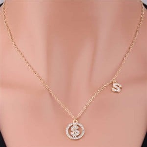 Fashion Design US Dollar Symbol Rhinestone Pendant Women Wholesale Alloy Necklace