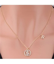 Fashion Design US Dollar Symbol Rhinestone Pendant Women Wholesale Alloy Necklace