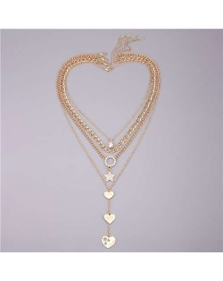 Multi-layers Alloy Chain Peach Heart and Star Pendants Women Wholesale Necklace 