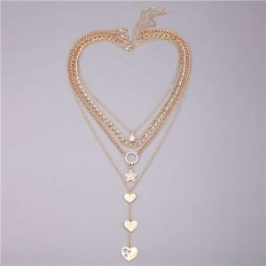 Multi-layers Alloy Chain Peach Heart and Star Pendants Women Wholesale Necklace 