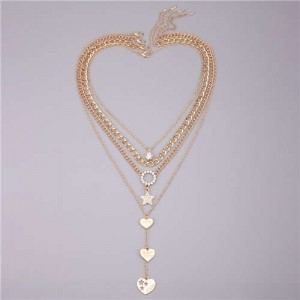 Multi-layers Alloy Chain Peach Heart and Star Pendants Women Wholesale Necklace 
