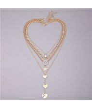 Multi-layers Alloy Chain Peach Heart and Star Pendants Women Wholesale Necklace 