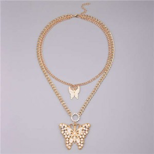Hip Hop Style Butterfly Pendant Double Layers Chain Wholesale Fashion Women Necklace