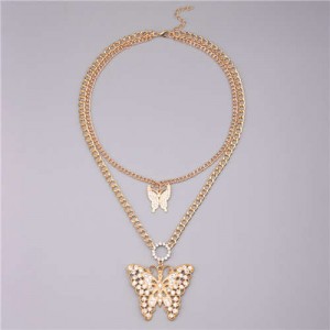 Hip Hop Style Butterfly Pendant Double Layers Chain Wholesale Fashion Women Necklace