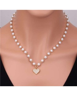 Shining Heart Shape Pendant Elegant Pearl Beads Women Wholesale Short Necklace