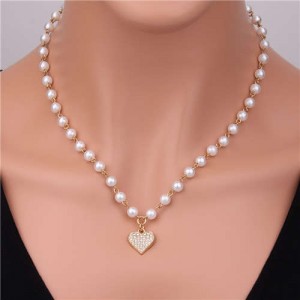 Shining Heart Shape Pendant Elegant Pearl Beads Women Wholesale Short Necklace