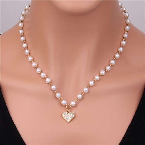 hining Heart Shape Pendant Elegant Pearl Beads Women Wholesale Short Necklace