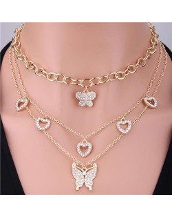 Three Layers Chain Rhinestone Peach Heart and Butterfly Multi-element Necklace - Golden