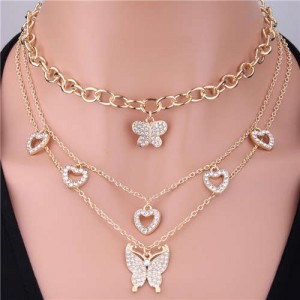Three Layers Chain Rhinestone Peach Heart and Butterfly Multi-element Necklace - Golden