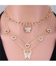 Three Layers Chain Rhinestone Peach Heart and Butterfly Multi-element Necklace - Golden