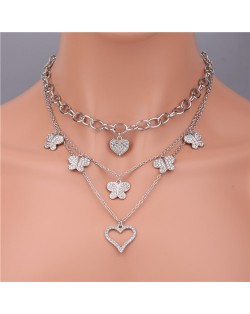 Three Layers Chain Rhinestone Peach Heart and Butterfly Multi-element Necklace - Silver