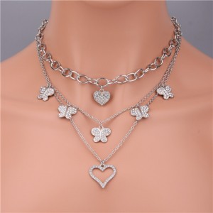 Three Layers Chain Rhinestone Peach Heart and Butterfly Multi-element Necklace - Silver