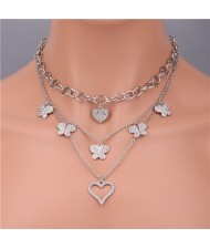 Three Layers Chain Rhinestone Peach Heart and Butterfly Multi-element Necklace - Silver