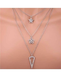 Bling Star and Flower Pendants Three Layers Thin Chain Wholesale Women Necklace