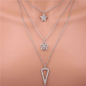 Bling Star and Flower Pendants Three Layers Thin Chain Wholesale Women Necklace