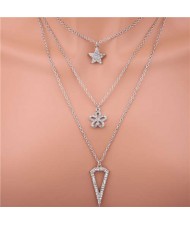 Bling Star and Flower Pendants Three Layers Thin Chain Wholesale Women Necklace