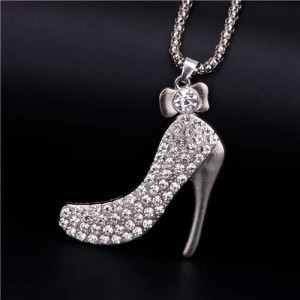 Innovative Design Shining Rhinestone High Heel Pendant Women Wholesale Necklace - Silver