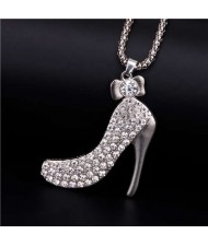 Innovative Design Shining Rhinestone High Heel Pendant Women Wholesale Necklace - Silver
