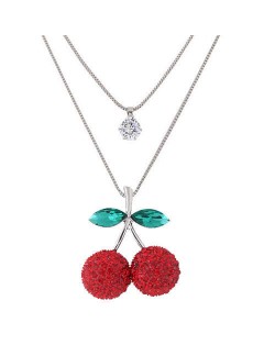 Red Rhinestone Cherry Pendant Double Layers Sweater Chain Women Wholesale Necklace