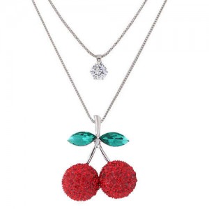 Red Rhinestone Cherry Pendant Double Layers Sweater Chain Women Wholesale Necklace