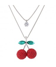 Red Rhinestone Cherry Pendant Double Layers Sweater Chain Women Wholesale Necklace