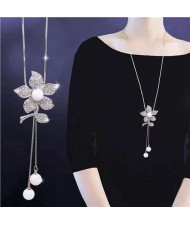 Elegant Style Glistening Flower Pendant Tassel Sweater Chain Women Wholesale Necklace