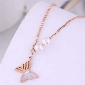 Lovely Butterfly Pendant Korean Fashion Titanium Steel Wholesale Necklace - Rose Gold