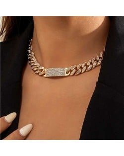 Rhinestone Paved Exaggerated Thick Cuban Chain Short Alloy Wholesale Necklace - Golden