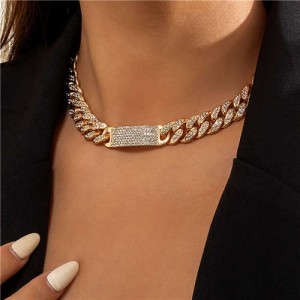 Rhinestone Paved Exaggerated Thick Cuban Chain Short Alloy Wholesale Necklace - Golden