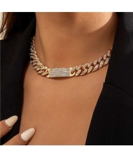 Rhinestone Paved Exaggerated Thick Cuban Chain Short Alloy Wholesale Necklace - Golden