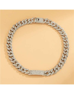 Rhinestone Paved Exaggerated Thick Cuban Chain Short Alloy Wholesale Necklace - Silver