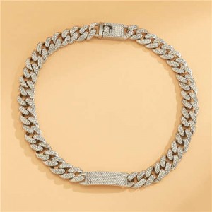 Rhinestone Paved Exaggerated Thick Cuban Chain Short Alloy Wholesale Necklace - Silver