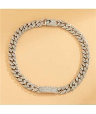 Rhinestone Paved Exaggerated Thick Cuban Chain Short Alloy Wholesale Necklace - Silver