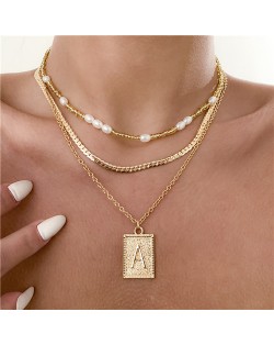 Hip Hop Style Flat Chain Weave Square Plaid Pendant Double Layers Wholesale Necklace - Golden