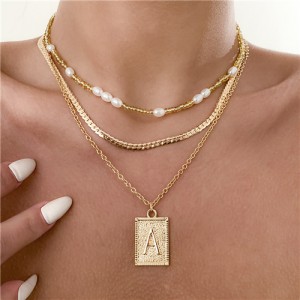 Hip Hop Style Flat Chain Weave Square Plaid Pendant Double Layers Wholesale Necklace - Golden