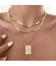 Hip Hop Style Flat Chain Weave Square Plaid Pendant Double Layers Wholesale Necklace - Golden