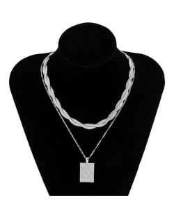 Hip Hop Style Flat Chain Weave Square Plaid Pendant Double Layers Wholesale Necklace - Silver