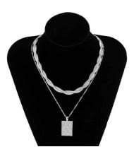 Hip Hop Style Flat Chain Weave Square Plaid Pendant Double Layers Wholesale Necklace - Silver