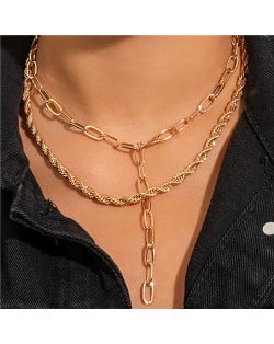 Vintage Cowboy Style Twist Chain Double Layers Combo Alloy Wholesale Necklace - Golden