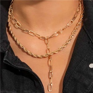 Vintage Cowboy Style Twist Chain Double Layers Combo Alloy Wholesale Necklace - Golden