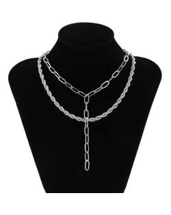 Vintage Cowboy Style Twist Chain Double Layers Combo Alloy Wholesale Necklace - Silver