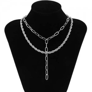 Vintage Cowboy Style Twist Chain Double Layers Combo Alloy Wholesale Necklace - Silver