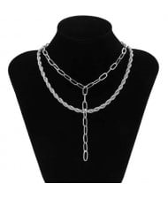 Vintage Cowboy Style Twist Chain Double Layers Combo Alloy Wholesale Necklace - Silver