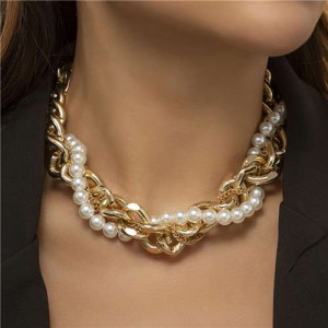 Thick Alloy Chain and Pearl Combo Bold Fashion Wholesale Women Chunky Necklace - Golden