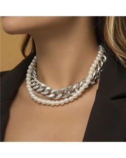 Thick Alloy Chain and Pearl Combo Bold Fashion Wholesale Women Chunky Necklace - Silver