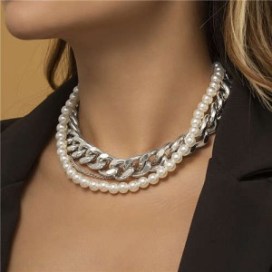 Thick Alloy Chain and Pearl Combo Bold Fashion Wholesale Women Chunky Necklace - Silver